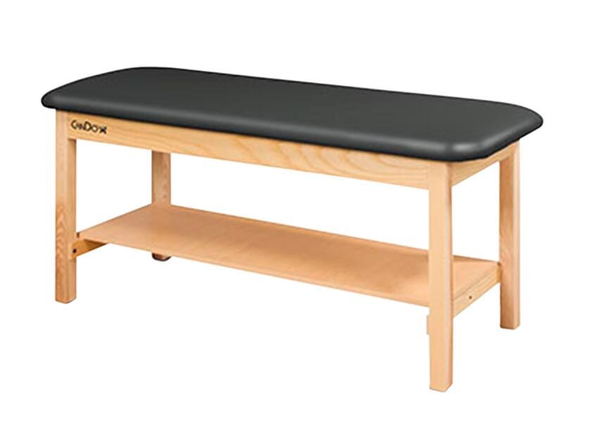 CanDo® Treatment Table w/Flat Top and Shelf, 27 x 72 x 31 Inches, Natural Wood/Black Upholstery, Item Number 2006305